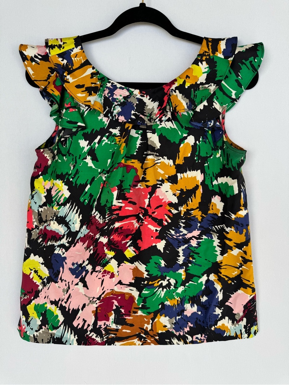 J. Crew Silk Multicolor Abstract Floral Tank with Ruffle Detail